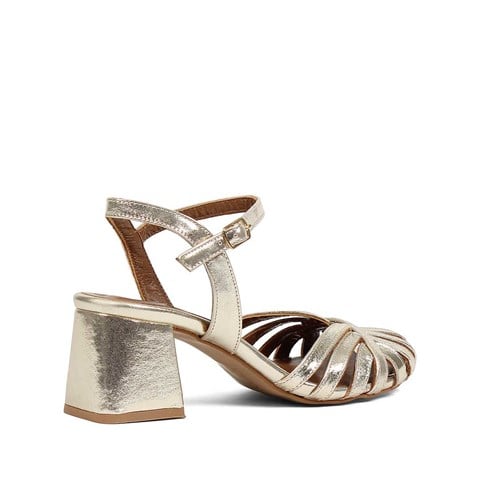 Kadın Altın Kalın Topuklu Deri Gladyatör  Sandalet