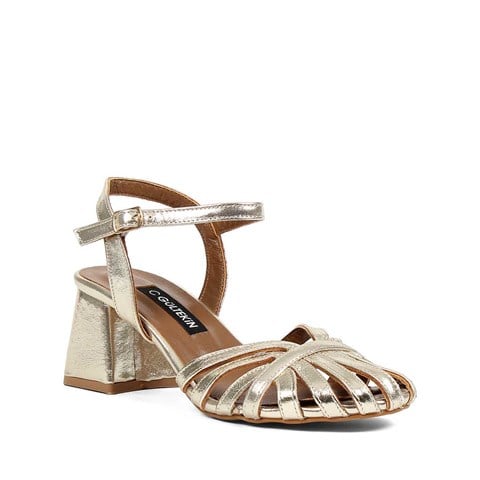 Kadın Altın Kalın Topuklu Deri Gladyatör  Sandalet