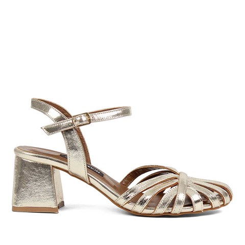 Kadın Altın Kalın Topuklu Deri Gladyatör  Sandalet