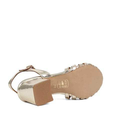 Kadın Altın Kalın Topuklu Deri Gladyatör  Sandalet