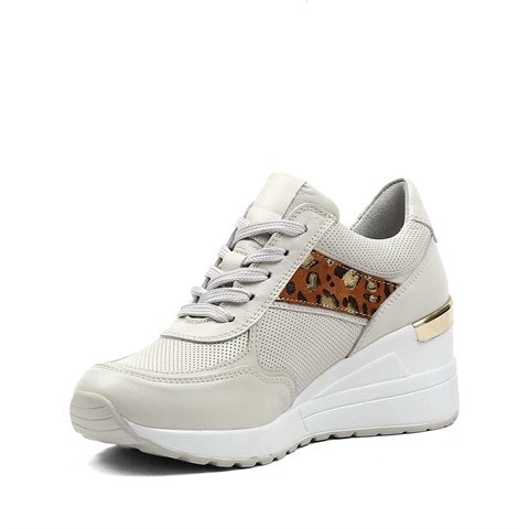Kadın Bej Bağcıklı Dolgu Topuklu Deri Sneaker