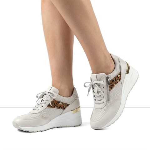 Kadın Bej Bağcıklı Dolgu Topuklu Deri Sneaker