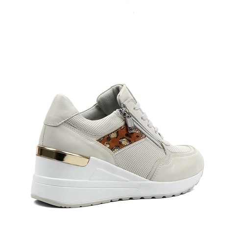 Kadın Bej Bağcıklı Dolgu Topuklu Deri Sneaker