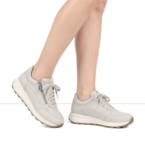 Kadın Bej Bağcıklı Fermuarlı Deri Sneaker