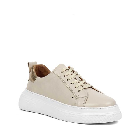 Kadın Bej Bağcıklı Kalın Tabanlı Deri Sneaker