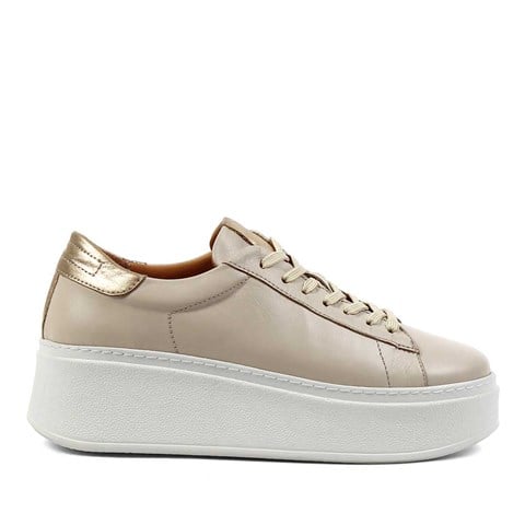 Kadın Bej Bağcıklı Kalın Tabanlı Deri Sneaker
