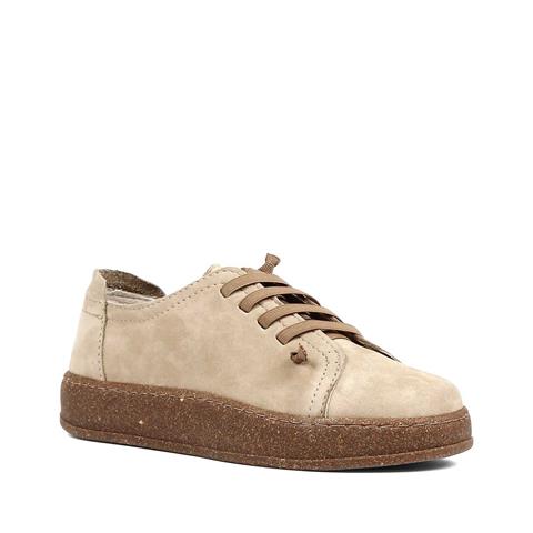 Kadın Bej Bağcıklı Kalın Tabanlı Nubuk Deri Ayakkabı