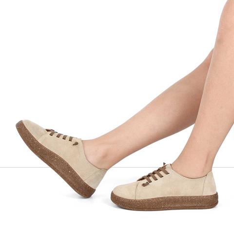 Kadın Bej Bağcıklı Kalın Tabanlı Süet Deri Ayakkabı