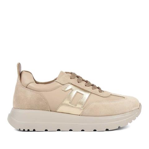 Kadın Bej Bağcıklı Kalın Tabanlı Süet Deri Sneaker