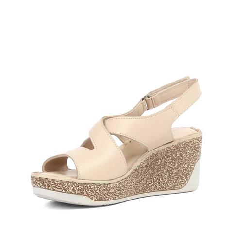 Kadın Bej Bantlı Dolgu Topuklu Deri Sandalet