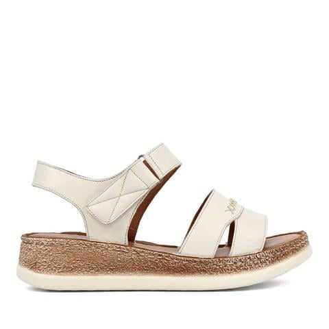 Kadın Bej Bantlı Dolgu Topuklu Deri Sandalet