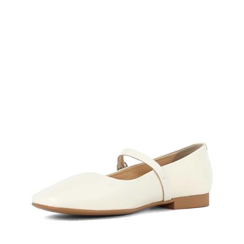 Kadın Bej Bantlı Küt Burun Deri Babet