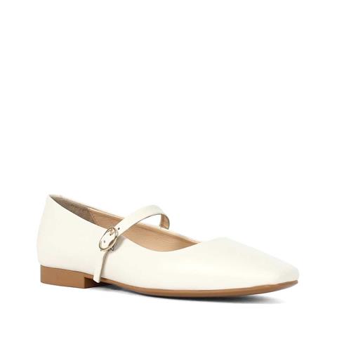 Kadın Bej Bantlı Küt Burun Deri Babet