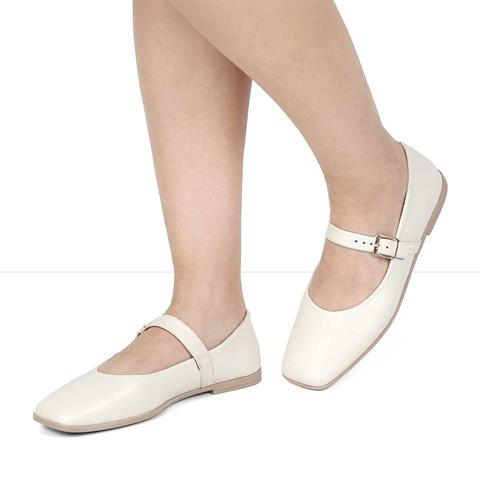 Kadın Bej Bantlı Küt Burun Deri Babet