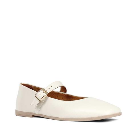 Kadın Bej Bantlı Küt Burun Deri Babet