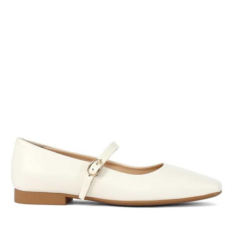 Kadın Bej Bantlı Küt Burun Deri Babet