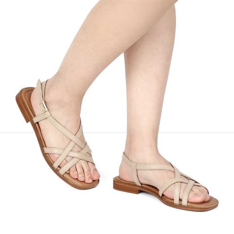 Kadın Bej Bilekten Bantlı Deri Sandalet