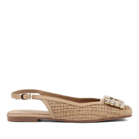 Kadın Bej Bilekten Bantlı Hasır Deri Sandalet