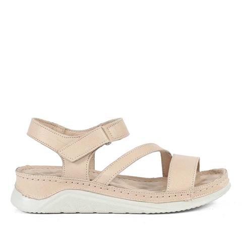 Kadın Bej Bilekten Cırt Cırtlı Deri Sandalet