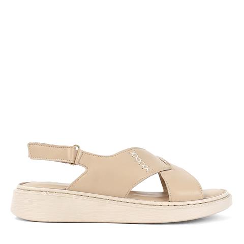 Kadın Bej Bilekten Cırt Cırtlı Deri Sandalet