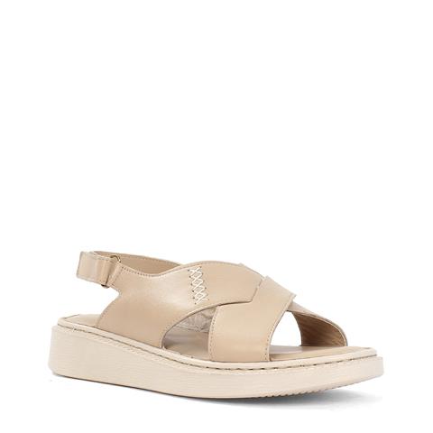 Kadın Bej Bilekten Cırt Cırtlı Deri Sandalet