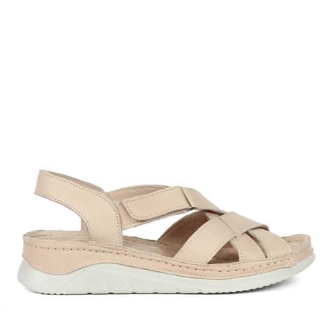 Kadın Bej Bilekten Cırt Cırtlı Gladyatör Sandalet