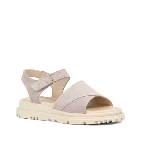 Kadın Bej Bilekten Cırt Cırtlı Süet Deri Sandalet