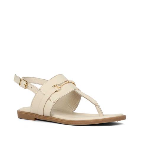 Kadın Bej Bilekten Tokalı Parmak Arası Deri Sandalet