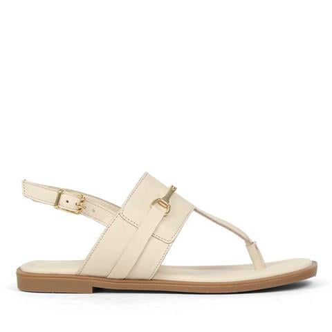 Kadın Bej Bilekten Tokalı Parmak Arası Deri Sandalet