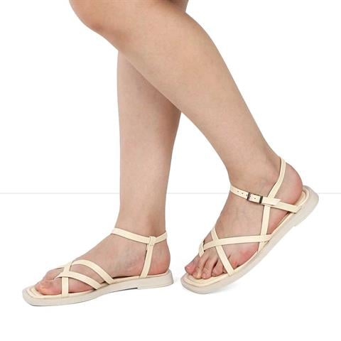 Kadın Bej Çapraz İnce Bantlı Deri Sandalet