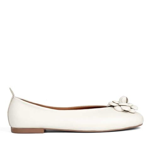 Kadın Bej Çiçek Detaylı Deri Babet