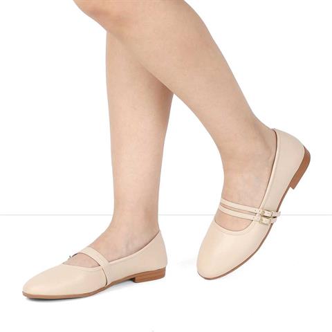 Kadın Bej Çift Bantlı Deri Babet