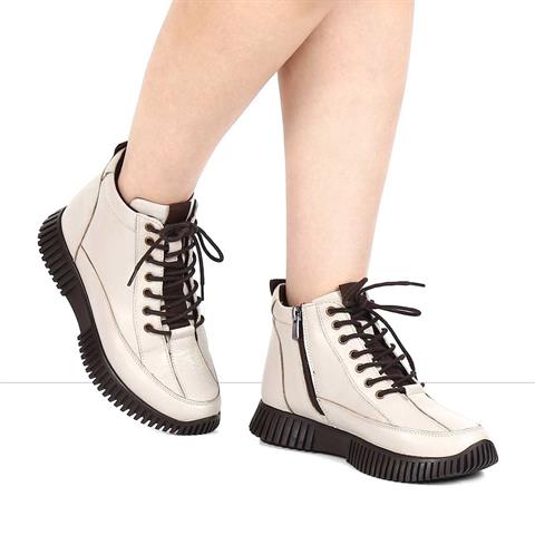 Kadın Bej Çift Fermuarlı Deri Bot