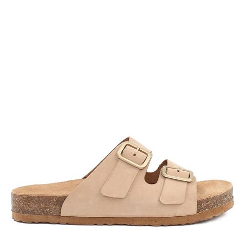 Kadın Bej Çift Tokalı Deri Terlik