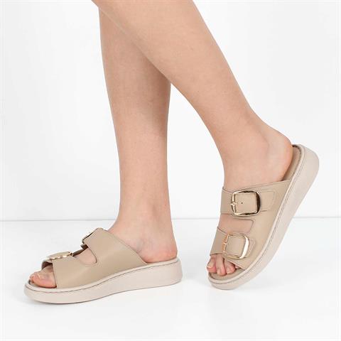 Kadın Bej Çift Tokalı Deri Terlik