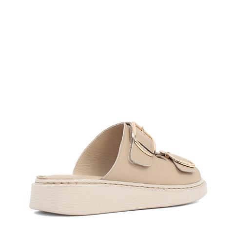 Kadın Bej Çift Tokalı Deri Terlik