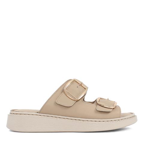 Kadın Bej Çift Tokalı Deri Terlik