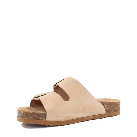 Kadın Bej Çift Tokalı Deri Terlik