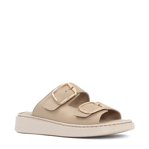 Kadın Bej Çift Tokalı Deri Terlik