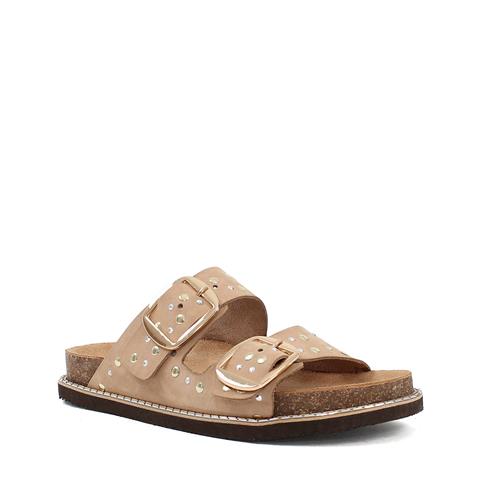 Kadın Bej Çift Tokalı Nubuk Deri Terlik