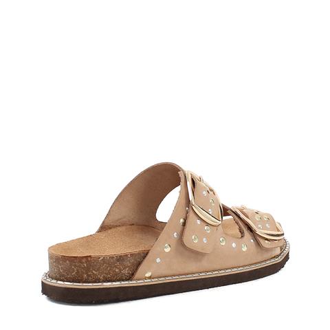 Kadın Bej Çift Tokalı Nubuk Deri Terlik