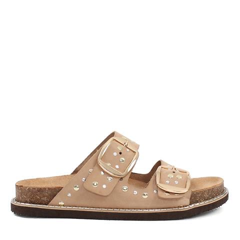 Kadın Bej Çift Tokalı Nubuk Deri Terlik