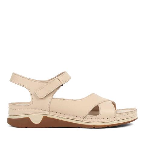 Kadın Bej Dolgu Topuklu Deri Sandalet