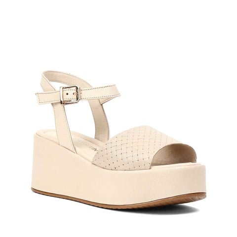 Kadın Bej Dolgu Topuklu Deri Sandalet