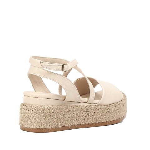 Kadın Bej Hasır Tabanlı Deri Sandalet