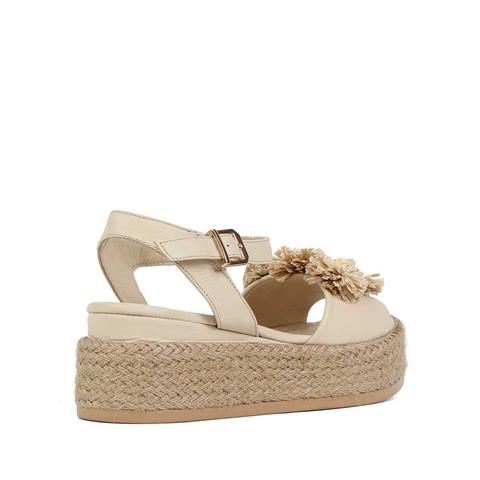 Kadın Bej Hasır Tabanlı Deri Sandalet