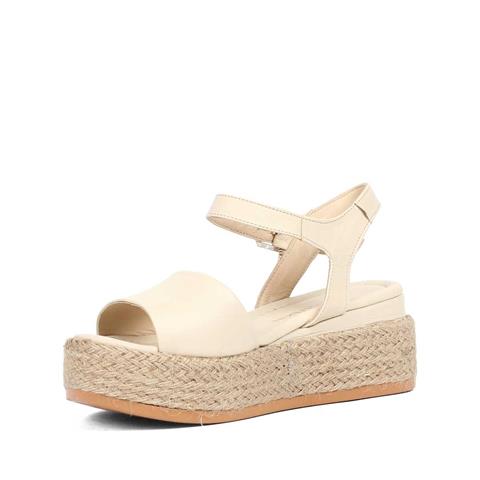 Kadın Bej Hasır Tabanlı Deri Sandalet