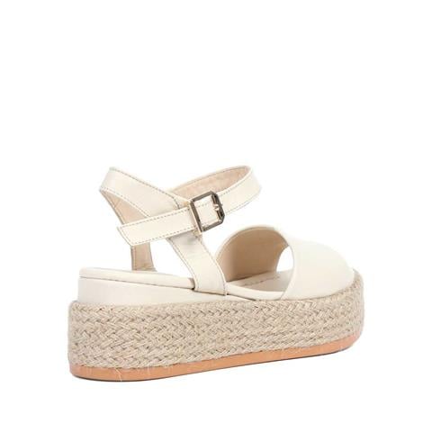 Kadın Bej Hasır Tabanlı Deri Sandalet