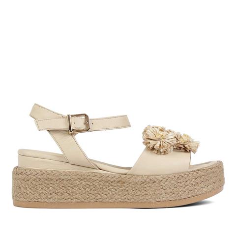 Kadın Bej Hasır Tabanlı Deri Sandalet