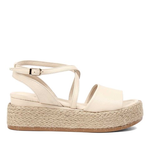 Kadın Bej Hasır Tabanlı Deri Sandalet